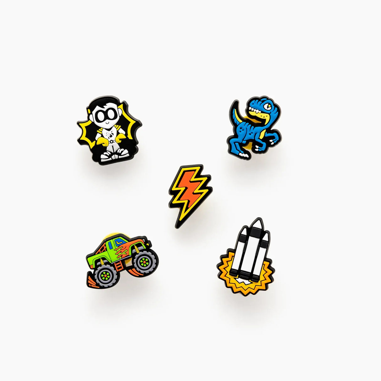 Joybees Popinz 5 Pack Shoe Charms Kids Superhero Dinosaur Monster Truck Space Theme in Lil Buddies