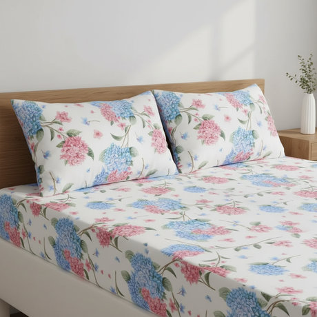 Meadow Bouquet Double Comforter Set w/ Fitted Sheet & 4 Pillow Covers - Pink/Blue (6 Piece Set)