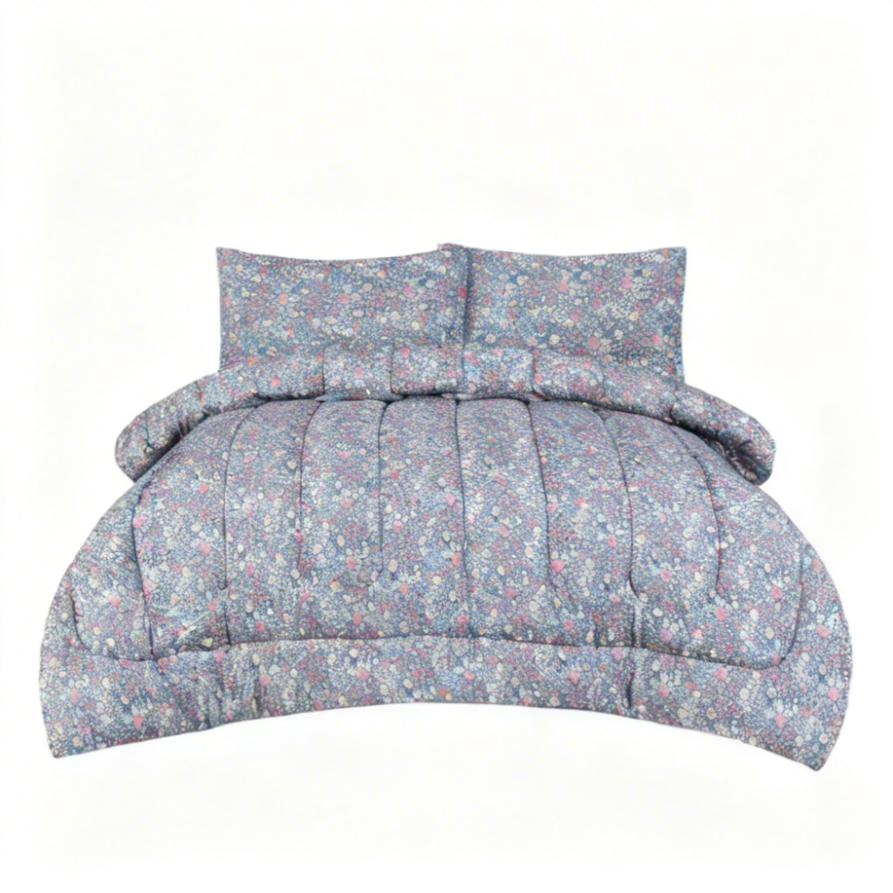 Ditsy Floral Queen Comforter Set w/ Fitted Sheet & 4 Pillow Covers - Blue/Pink (6 Piece Set)