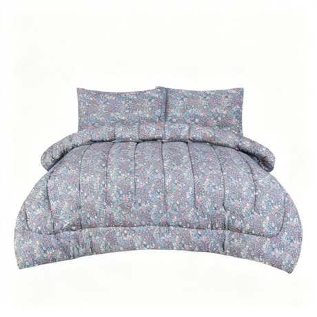 Ditsy Floral Queen Comforter Set w/ Fitted Sheet & 4 Pillow Covers - Blue/Pink (6 Piece Set)