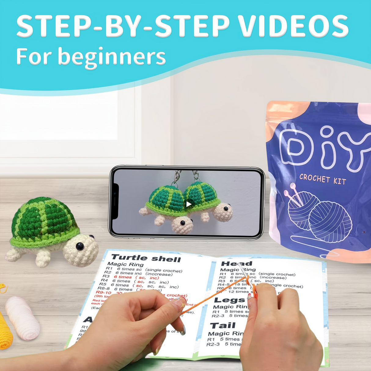 DIY Turtle Knitting Crochet Kit Needles Hooks Set Tools Yarn Sewing Grip