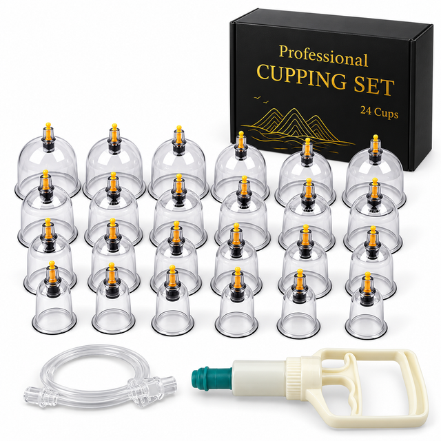 Professional Cupping Set with Pump - Vacuum Suction Cups Home Massage Kit - 24 Cups Set