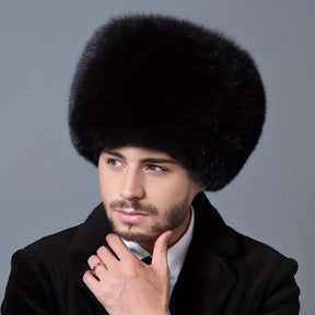 Mens Ushanka Ukrainian Faux Fur Trapper Hat - Black (Windproof Insulated Winter Cap)