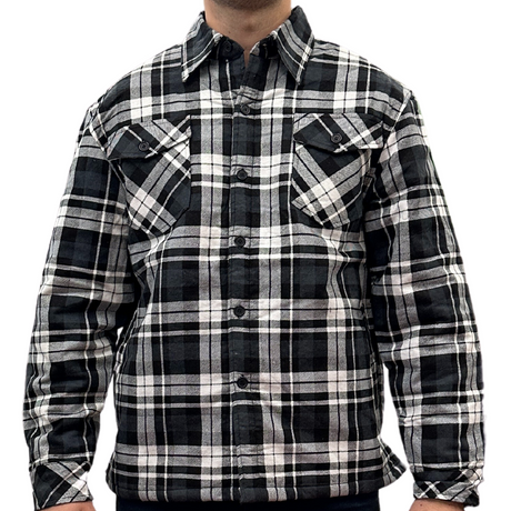 Mens Quilted Flannelette Shirt Jacket - Black/Charcoal/White (100% Cotton Padded Long Sleeve Flannel)