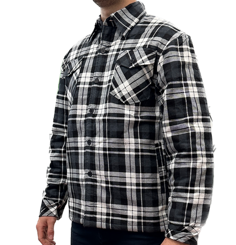 Mens Quilted Flannelette Shirt Jacket - Black/Charcoal/White (100% Cotton Padded Long Sleeve Flannel)