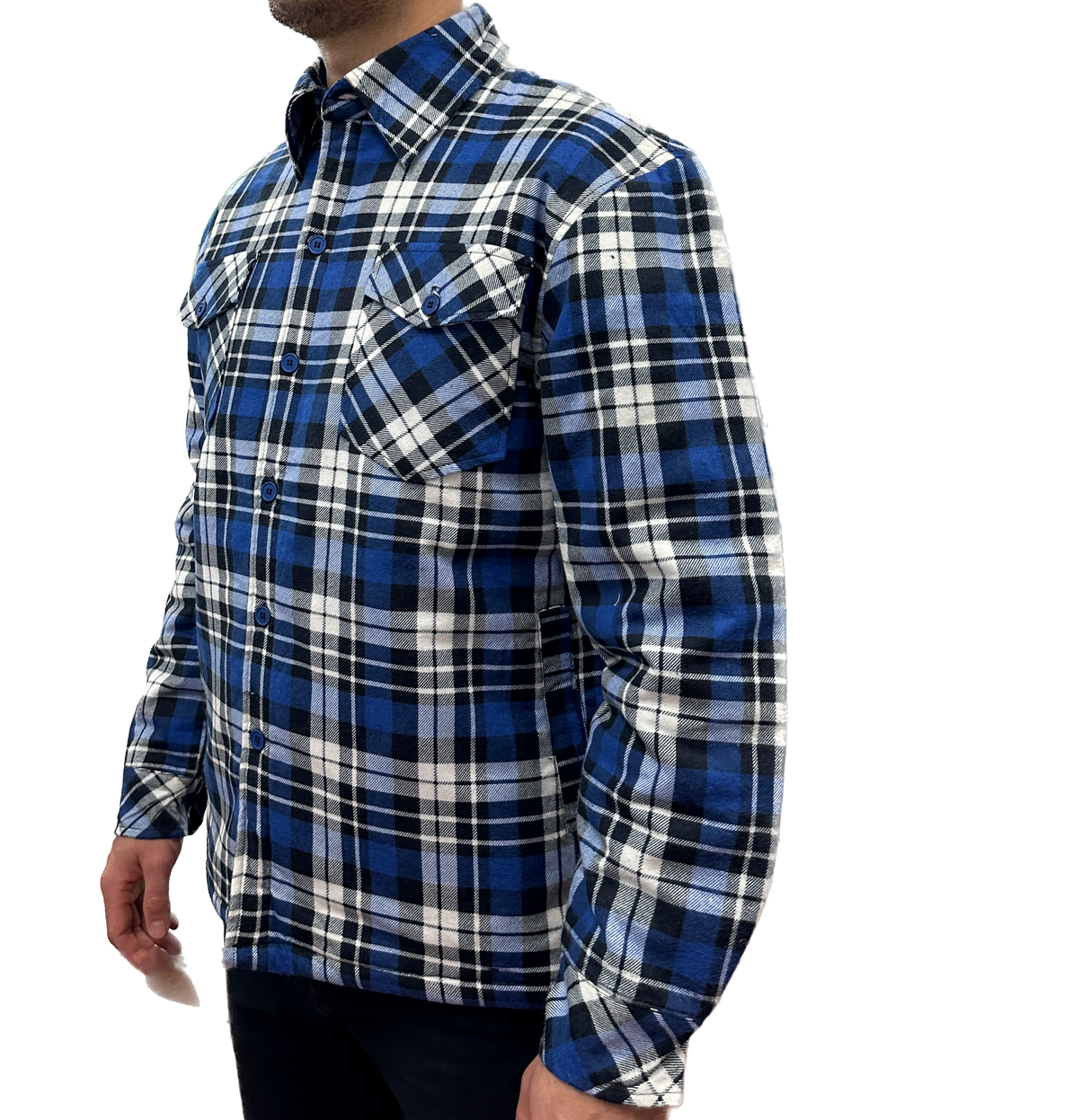 Mens Quilted Flannelette Shirt Jacket - Black/Navy/White (100% Cotton Padded Long Sleeve Flannel)