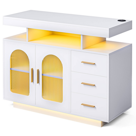 Buffet Sideboard Cabinet With RGB LED Light and Charging Station Console Coffee Bar White