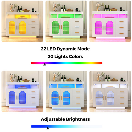 Buffet Sideboard Cabinet With RGB LED Light and Charging Station Console Coffee Bar White