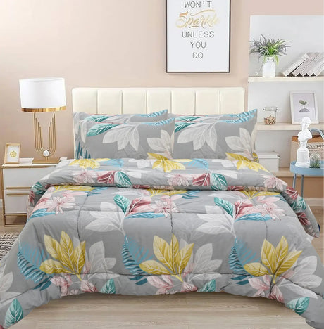 Queen Comforter Set with 2 Pillow Cases in Grey Floral (Flowers May Vary)
