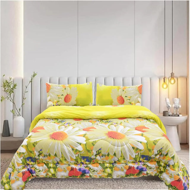 Queen Comforter Set with 2 Pillow Cases - Yellow Floral (Quilt Cover)