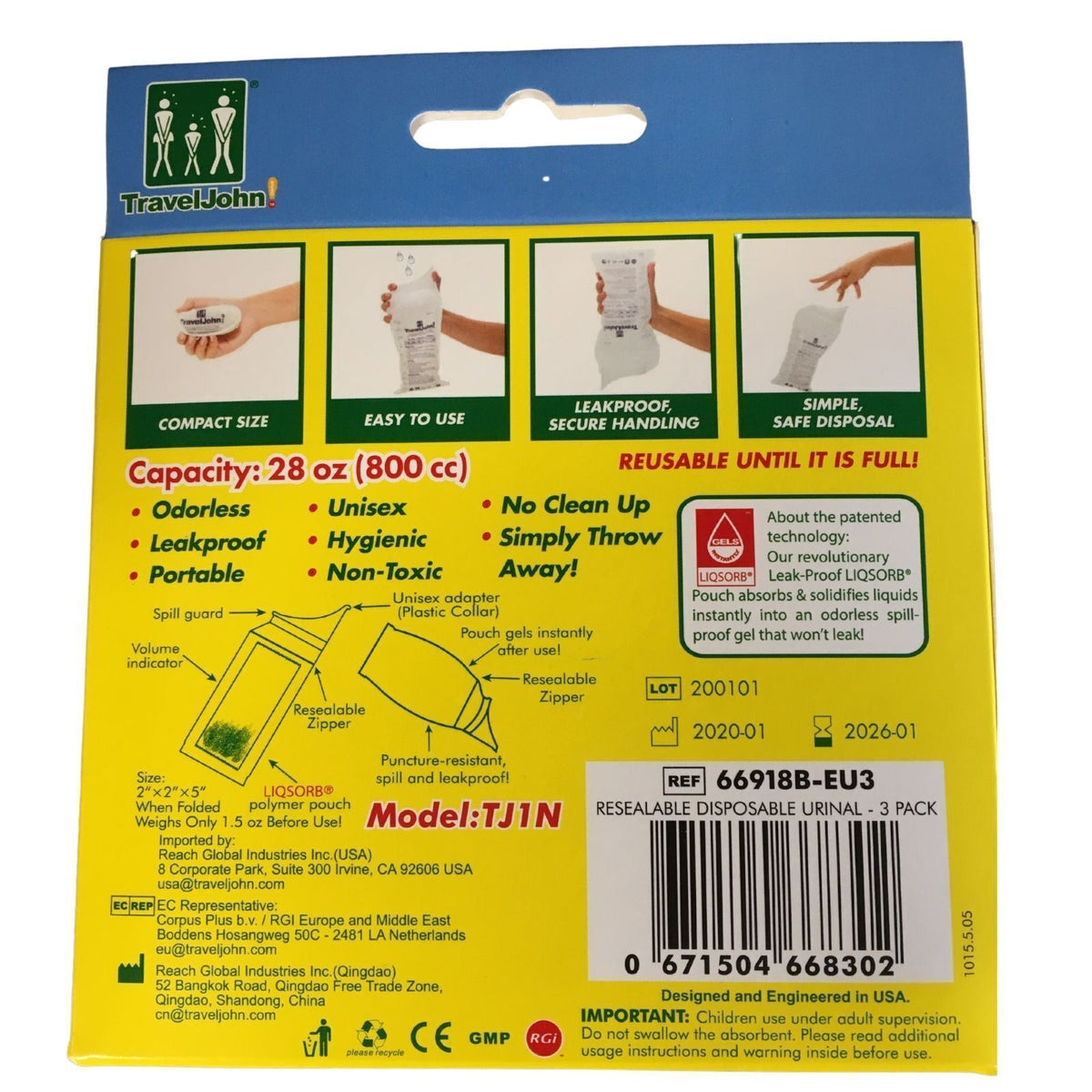 3pk Travel John! Disposable Urinal - Resealable & Leakproof Hygienic Portable Toilet
