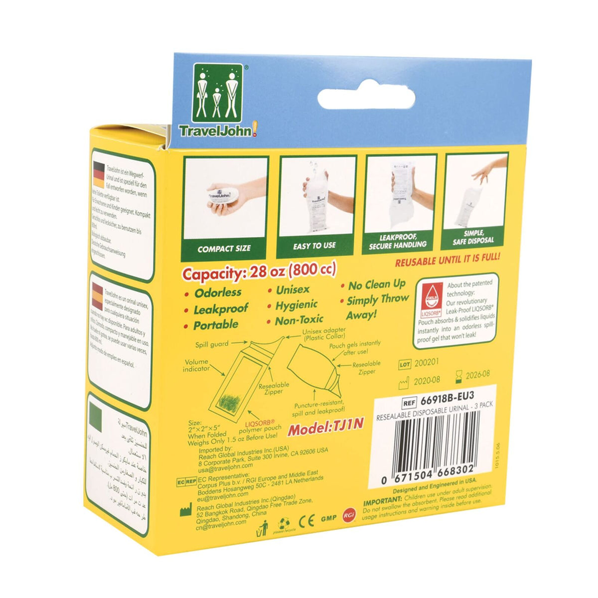 3pk Travel John! Disposable Urinal - Resealable & Leakproof Hygienic Portable Toilet
