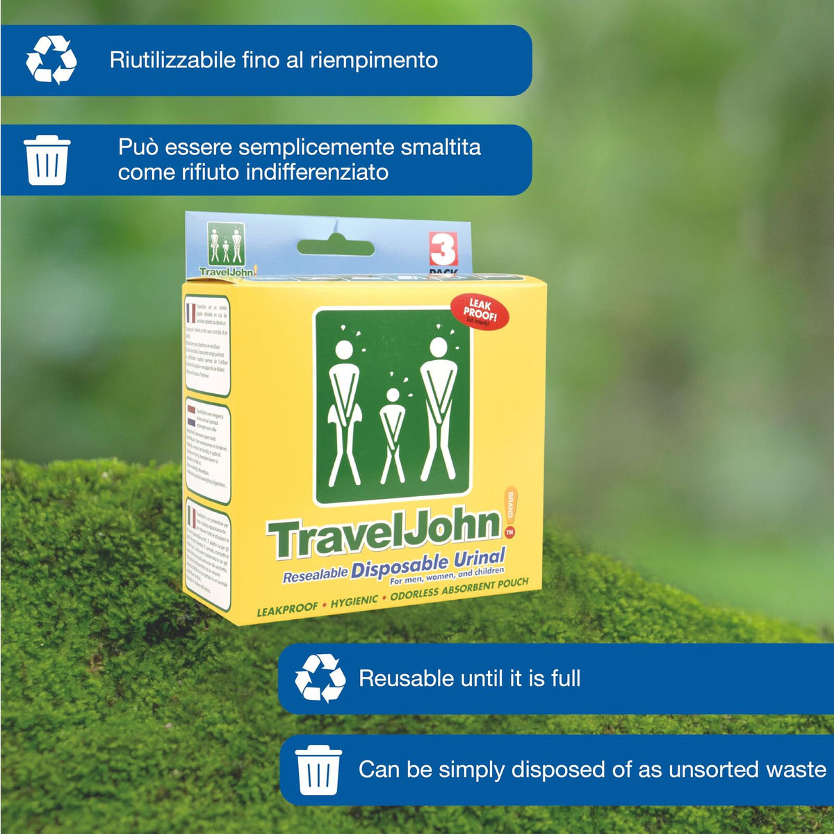 3pk Travel John! Disposable Urinal - Resealable & Leakproof Hygienic Portable Toilet
