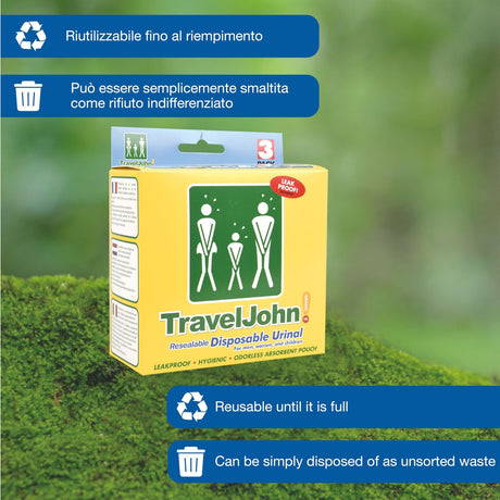 3pk Travel John! Disposable Urinal - Resealable & Leakproof Hygienic Portable Toilet