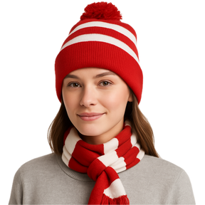 Red White Stripe BEANIE & SCARF SET Hat Where's Wally Waldo Costume Ski Winter Cap