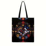 Ukrainian Floral Print Tote Bag - Black with Colourful Ethnic Pattern & Fixed Shoulder Straps