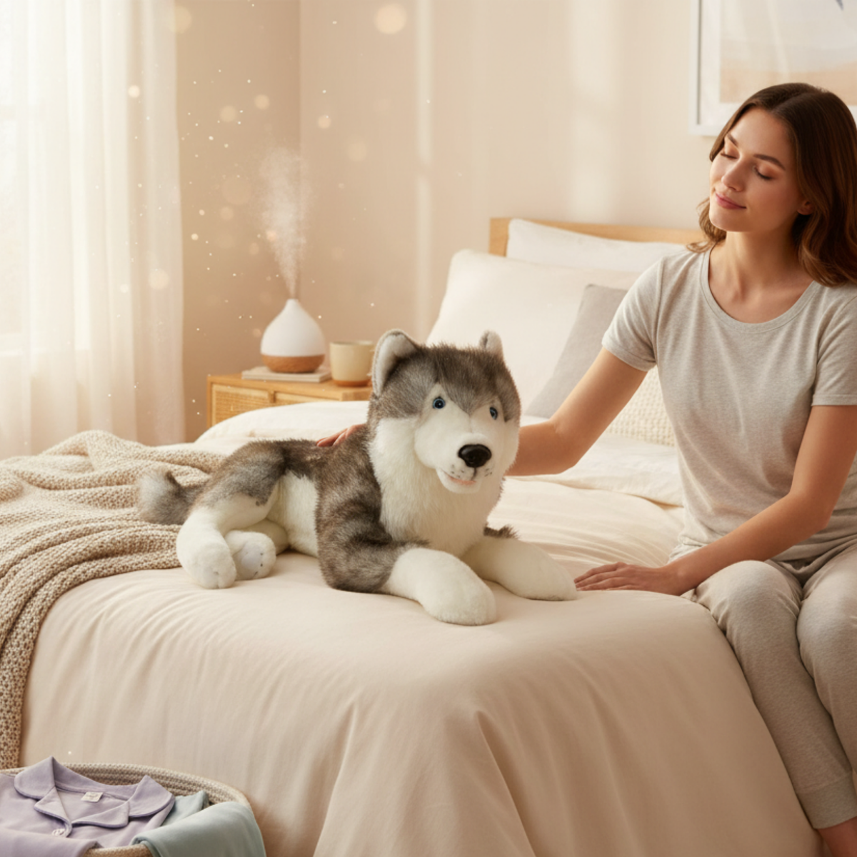 Bocchetta Rocket 62cm Lying Husky with Satin Pocket Plush Toy (Realistic Stuffed Animal Dog Gift)