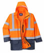 Portwest Hi-Vis Waterproof Rain Jacket Coat - Orange/Navy (5-in-1 Two Tone Safety Workwear Coat)