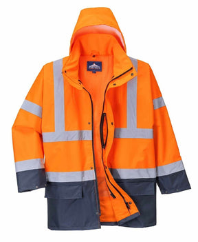 Portwest Hi-Vis Waterproof Rain Jacket Coat - Orange/Navy (5-in-1 Two Tone Safety Workwear Coat)