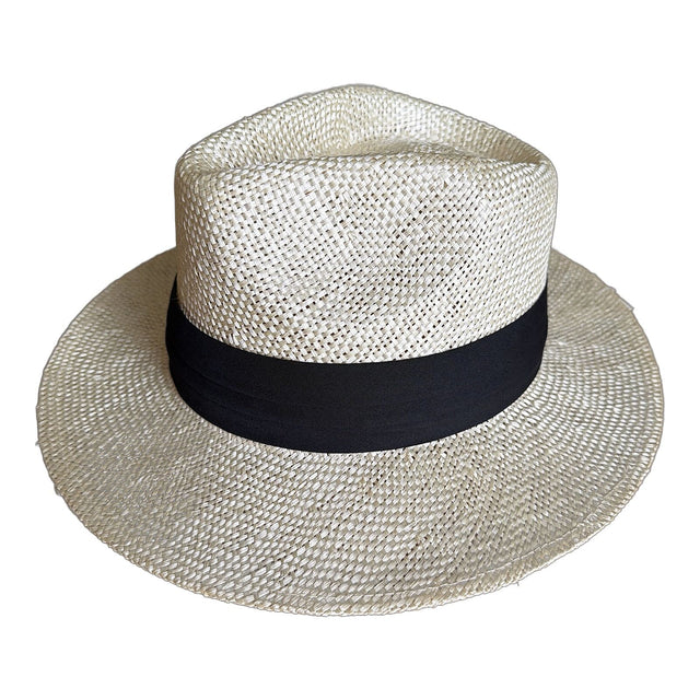 Mens Natural Fibre Straw Fedora Hat - Natural & Black - L/XL