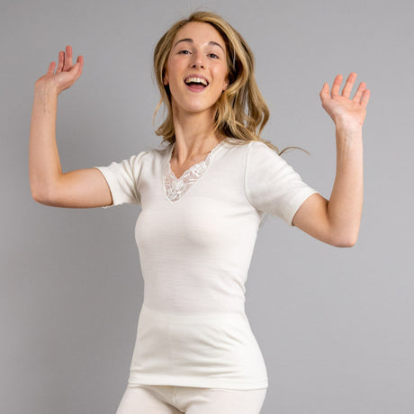 Thermo Fleece® Ladies Short Sleeve Thermal Top T Shirt w/Lace Motif - Natural