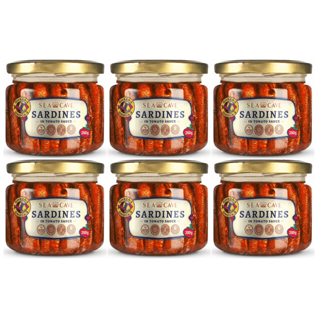 6x 280g Sea Cave Lightly Smoked Sardines Sprats Fish in Tomato Sauce Bulk Pack - Product of Latvia (Shproti)