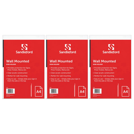 3x Sandleford A4 Wall-Mounted Sign Holder Bulk Pack - Clear Portrait (21.3x4x32.3cm)