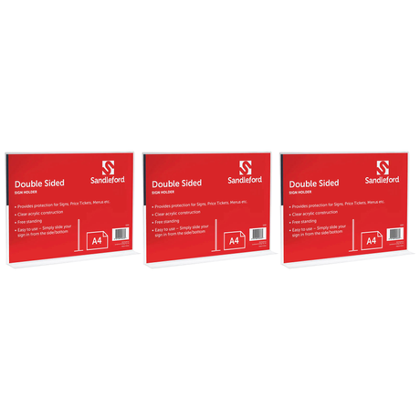 3x Sandleford Double Sided Sign Holder Bulk Pack - T-Shape A4 Protection for Menus/Tickets/Signs