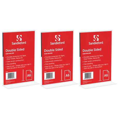 3x Sandleford A6 Double-Sided T-Shape Sign Holder Bulk Pack - Portrait (10.6x4x15.2cm)