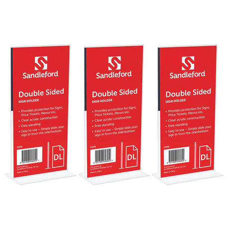 3x Sandleford DL Double-Sided T-Shape Sign Holder Bulk Pack - Portrait (11x8x22cm)
