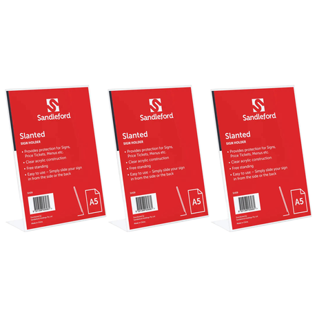3x Sandleford A5 Slanted Sign Holder Bulk Pack  - Portrait (21x4.5x14.8cm)