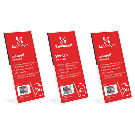 3x Sandleford DL Slanted Sign Holder Bulk Pack - Portrait (11x5x22cm)