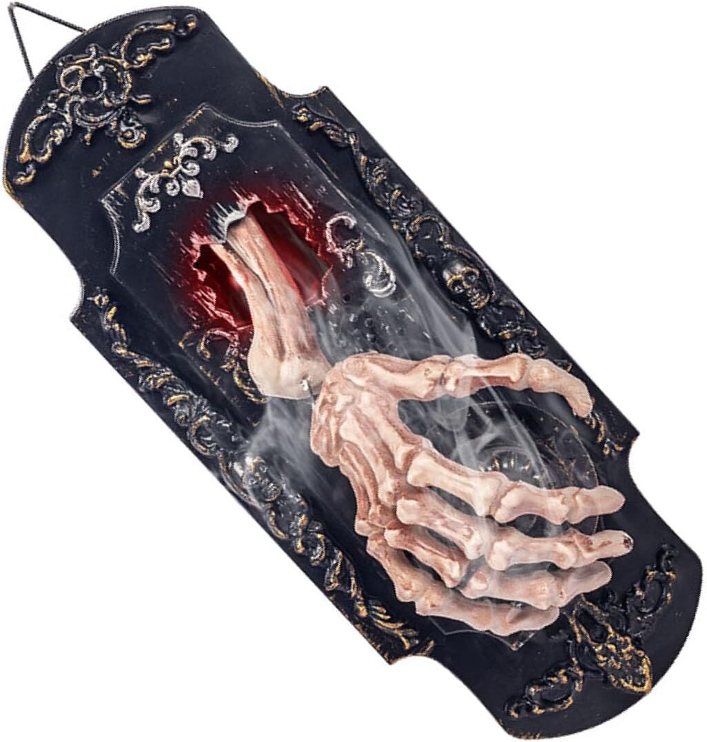 Spooky Skull Door Bell Hanging Decoration Mist Spray Motion Activated Halloween Porch Lock Decor Scary Gothic Skeleton Hands Doorbell with Red Light f
