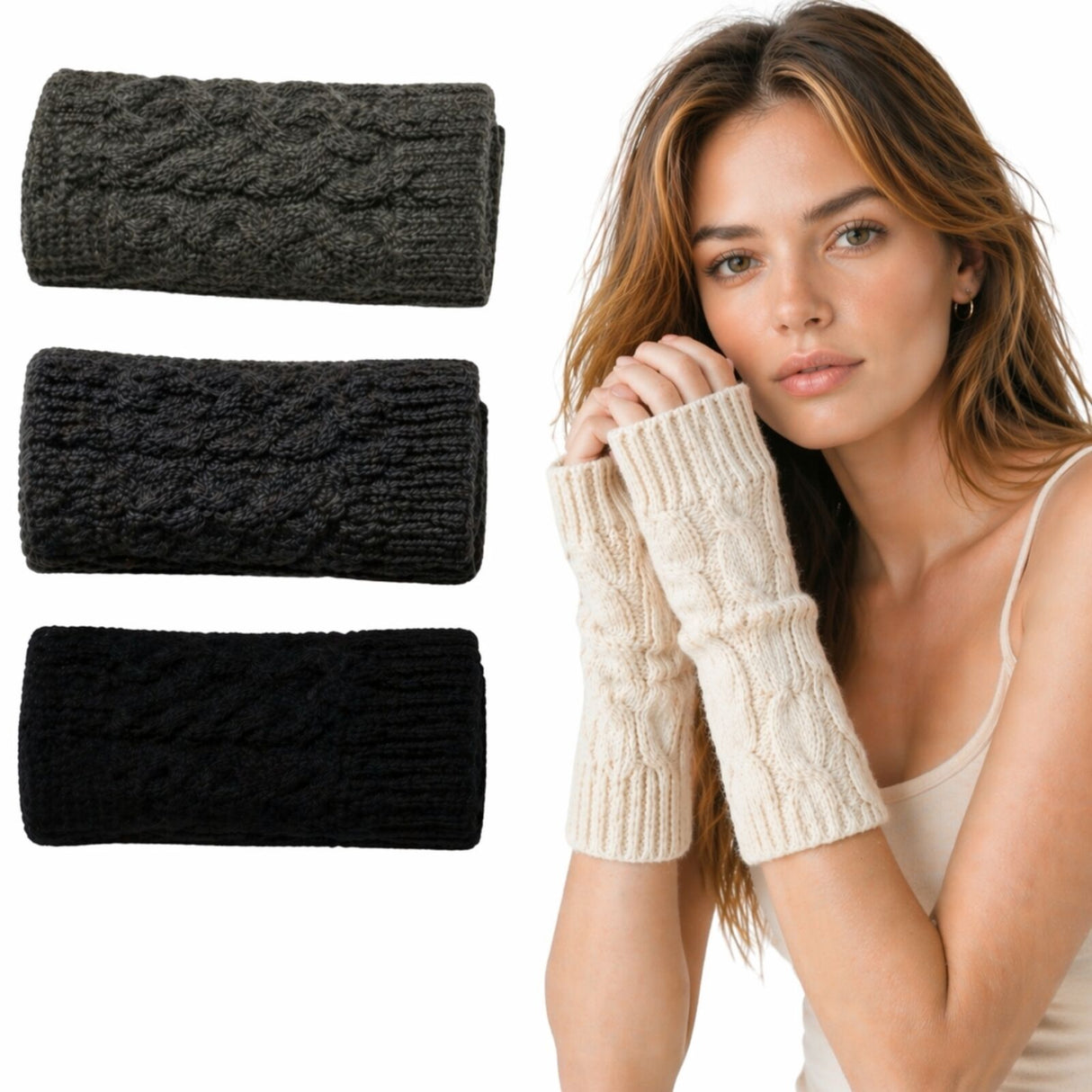 Womens 20cm Short Knitted Fingerless Arm Warmers - Winter Gloves (Assorted Colours)