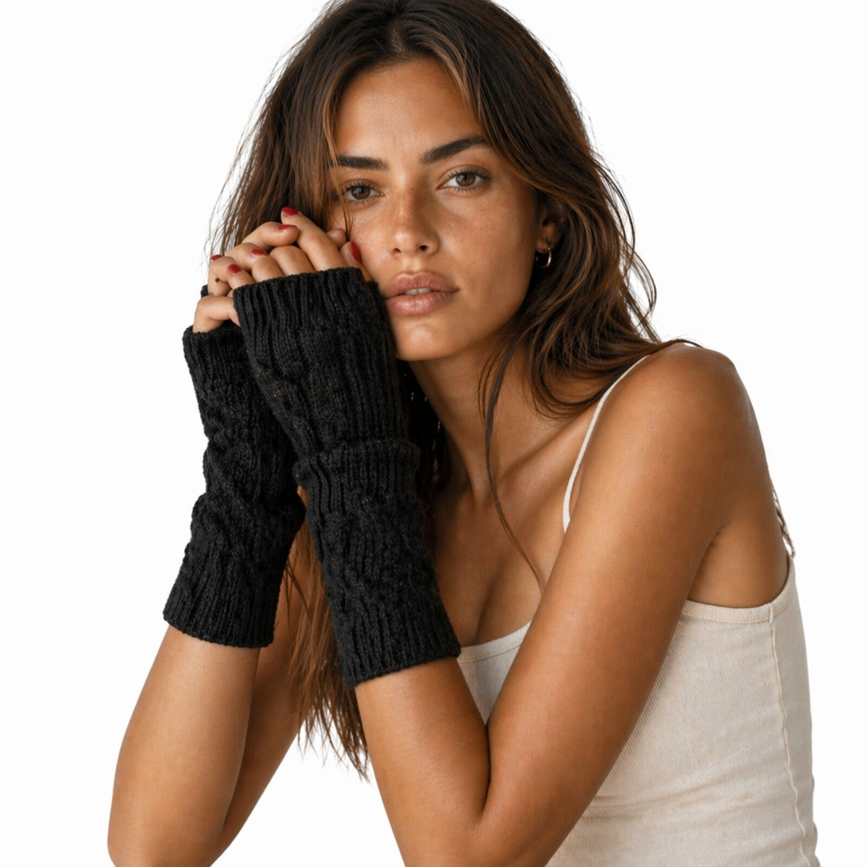 Womens 20cm Short Knitted Fingerless Arm Warmers - Winter Gloves (Assorted Colours)