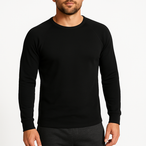 Mens Cotton Raglan Long Sleeve Thermal Top -  Base Layer Crew Neck - Black