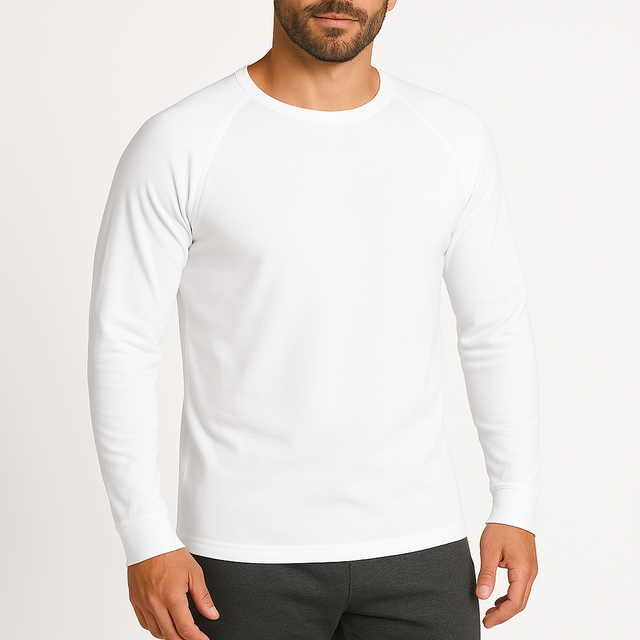 Mens Cotton Raglan Long Sleeve Thermal Top -  Base Layer Crew Neck - White