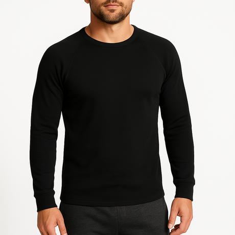 2pcs Set Mens Black Cotton Thermal Long Sleeve Top & Long John Pants Underwear
