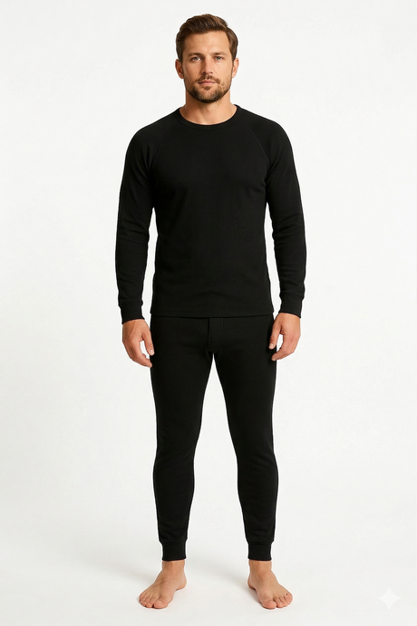 2pcs Set Mens Black Cotton Thermal Long Sleeve Top & Long John Pants Underwear