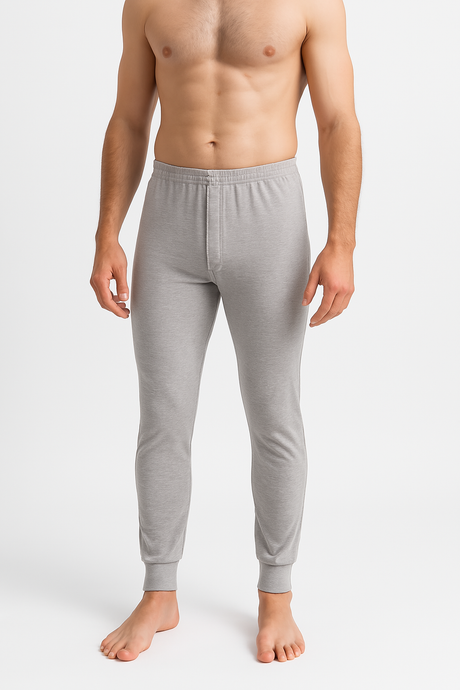 2pcs Set Mens Grey Cotton Thermal Long Sleeve Top & Long John Pants Underwear