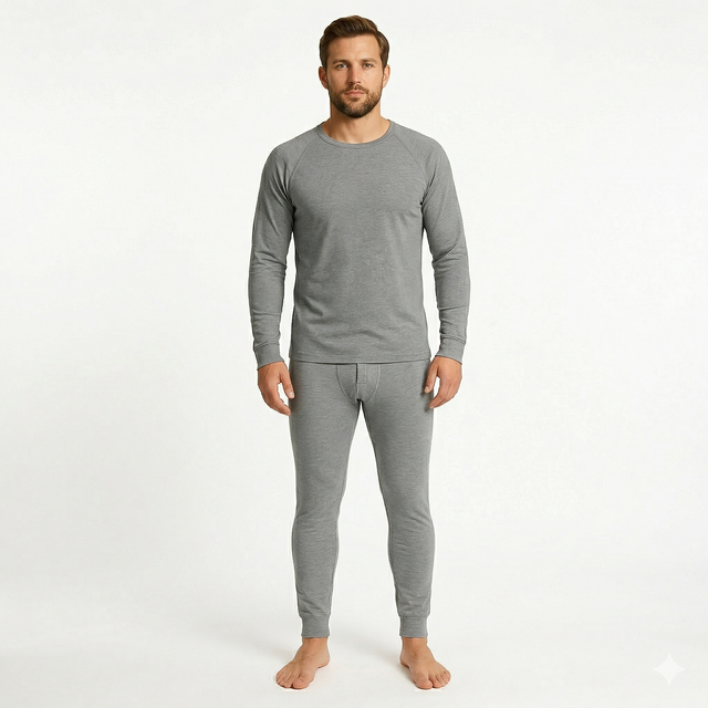 2pcs Set Mens Grey Cotton Thermal Long Sleeve Top & Long John Pants Underwear