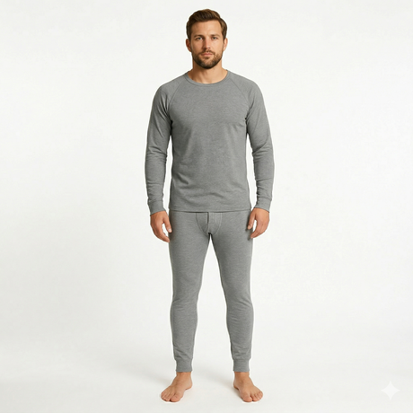 2pcs Set Mens Grey Cotton Thermal Long Sleeve Top & Long John Pants Underwear