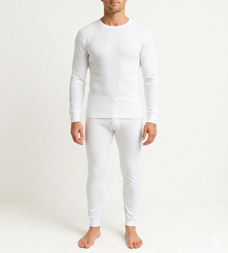 2pcs Set Mens White Cotton Thermal Long Sleeve Top & Long John Pants Underwear