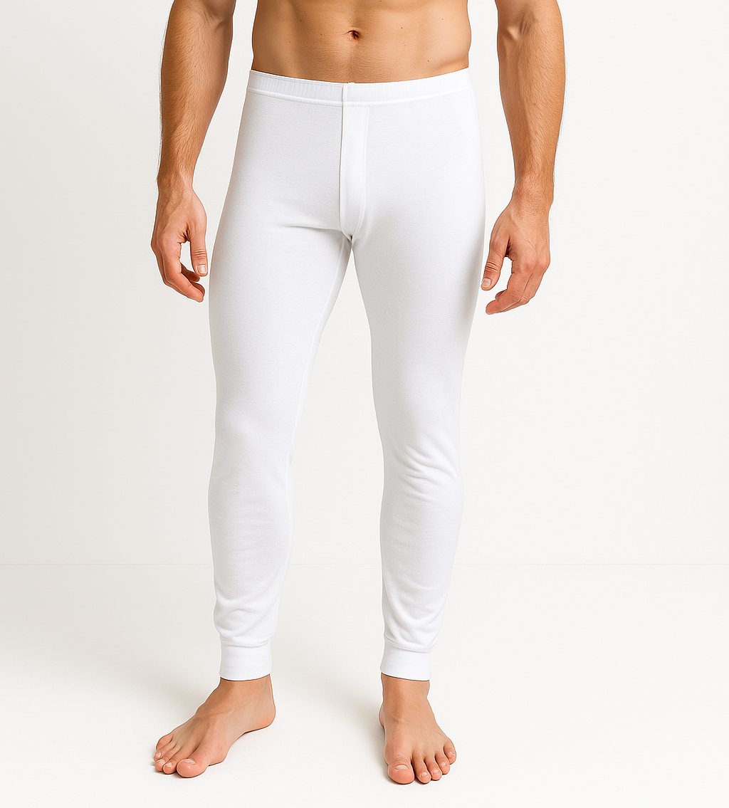 2pcs Set Mens White Cotton Thermal Long Sleeve Top & Long John Pants Underwear