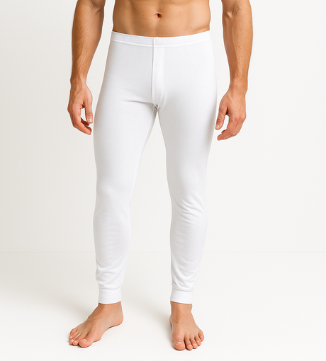 2pcs Set Mens White Cotton Thermal Long Sleeve Top & Long John Pants Underwear