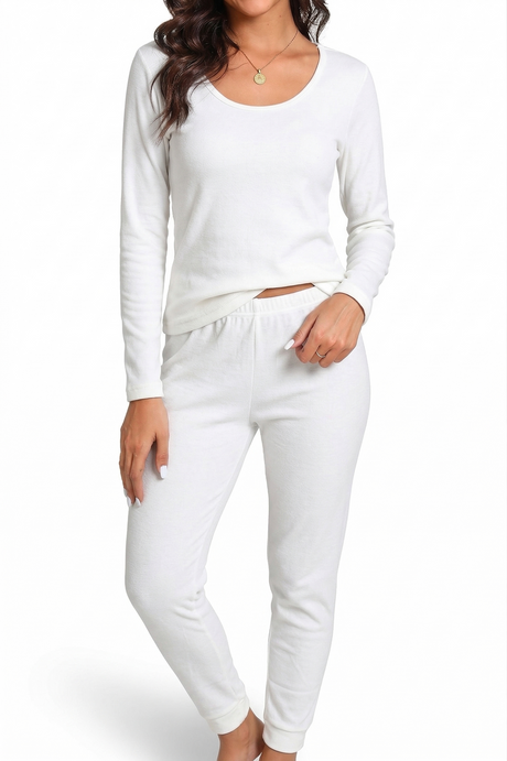 2pcs Set Womens White Cotton Thermal Long Sleeve Top & Long Jane Pants Underwear