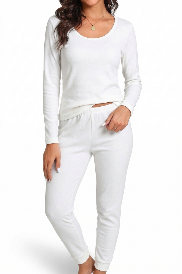 2pcs Set Womens White Cotton Thermal Long Sleeve Top & Long Jane Pants Underwear