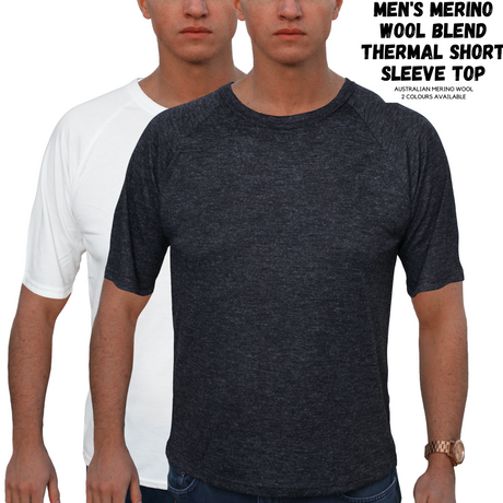 Mens Merino Wool Blend Short Sleeve Thermal Top Underwear Thermals Base Layer - Black