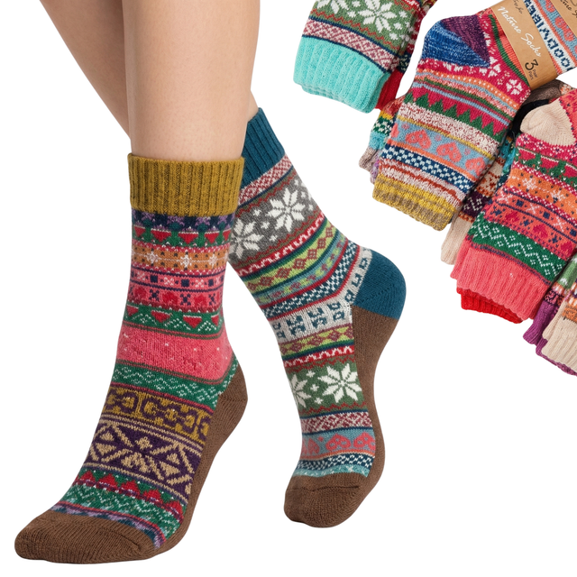 6x Womens Norwegian Wool Blend Crew Socks Pack (EU 36-41) - Assorted Colours Warm Winter Socks