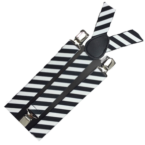 Mens Suspenders Braces Adjustable Strong Clip On Elastic Formal Wedding Slim - Black/White Diagonal Stripes